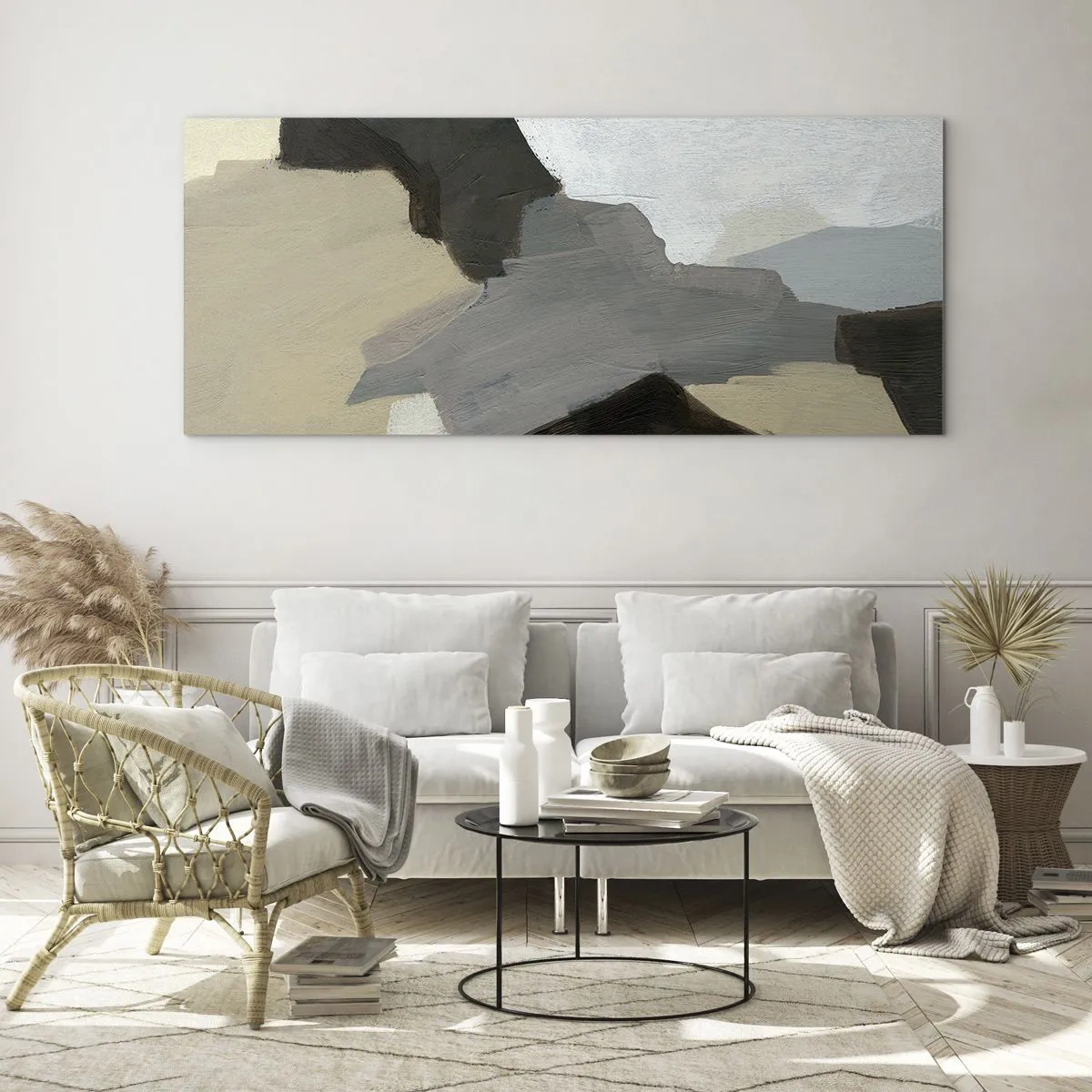 Quadro su vetro - Astrazione: il crocevia del grigio - 90x30 cm