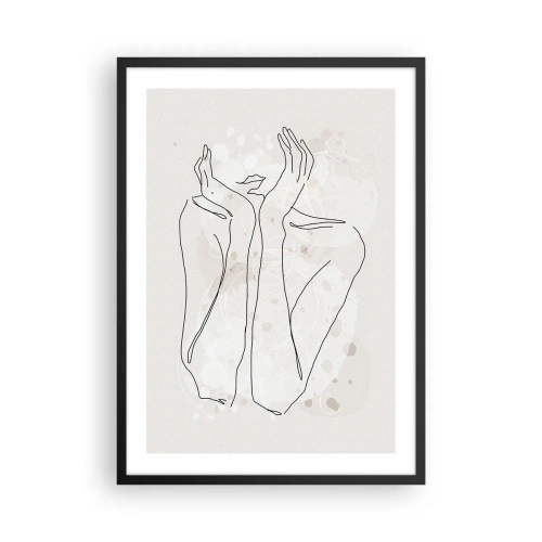 Poster in cornice nera - Disegno di contorno di una mano con uno sfondo astratto nei toni del beige - 50x70cm - Attimo sognante - Decorazione murale moderna per soggiorno e camera da letto ARTTOR