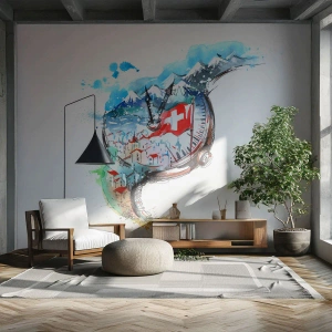 Fotomurali Premium Sand - Un orologio con un paesaggio delle Alpi svizzere e una bandiera - 100x70cm - Lo spirito della Svizzera - Decorazione murale moderna per soggiorno e camera da letto ARTTOR