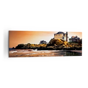 Quadro su tela - Stampe su Tela - Una casa su una roccia vicino alla spiaggia al tramonto con il suo riflesso nell'acqua - 160x50cm - L'eleganza della costa ovest - Decorazione murale moderna per soggiorno e camera da letto ARTTOR