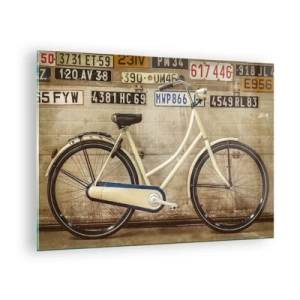 Quadro su vetro - Una vecchia bicicletta contro un muro con targhe - 70x50cm - Senza complessi - Decorazione murale moderna per soggiorno e camera da letto ARTTOR