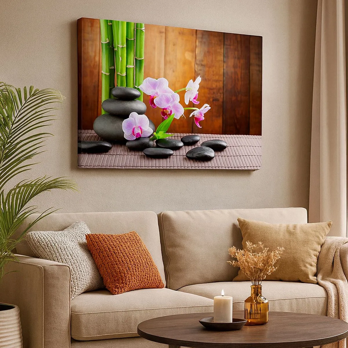 Quadro su tela - Stampe su Tela - Bambù in stile zen, pietre e orchidee rosa su uno sfondo di legno - 70x50cm - Scopri i piaceri dell'oriente - Decorazione murale moderna per soggiorno e camera da letto ARTTOR