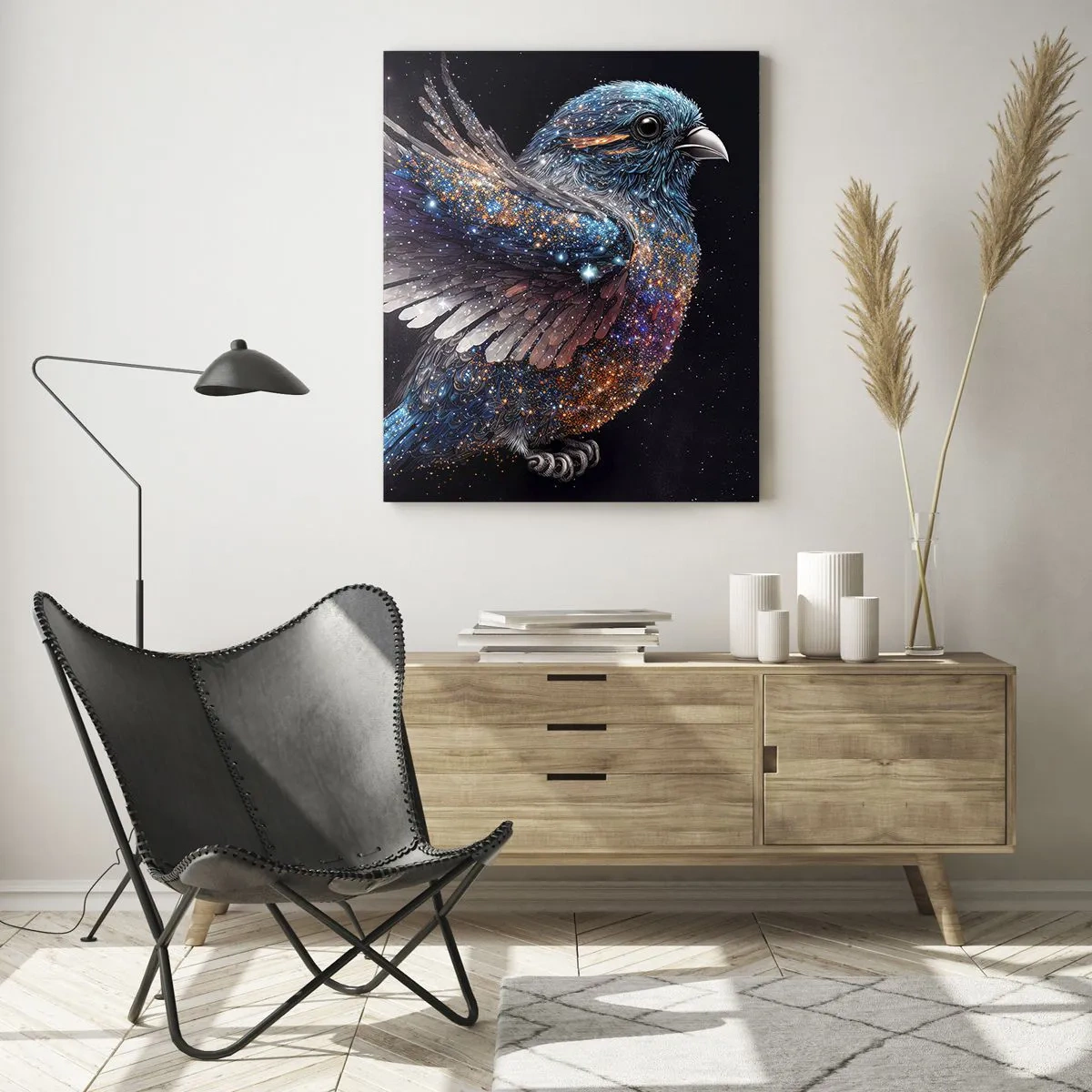 Quadro su vetro - Un passero in stile spaziale con una lucentezza diamantata - 80x120cm - Passero di diamante - Decorazione murale moderna per soggiorno e camera da letto ARTTOR
