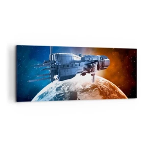 Quadro su tela - Stampe su Tela - Un'astronave sullo sfondo di un pianeta nello spazio - 120x50cm - Un attento osservatore - Decorazione murale moderna per soggiorno e camera da letto ARTTOR