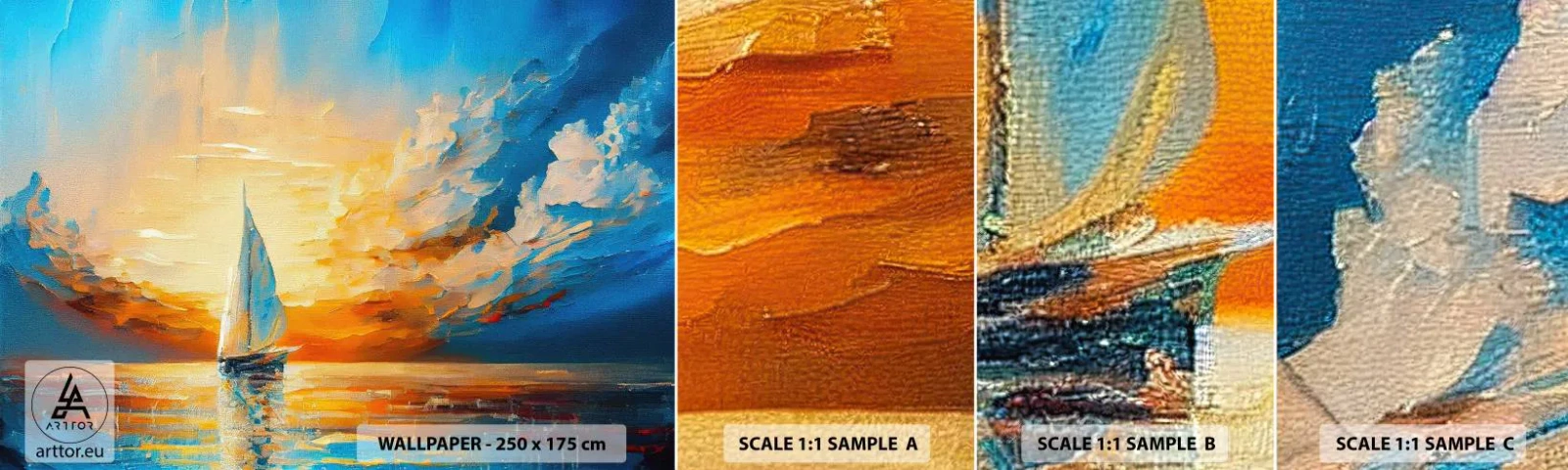 Campione di Fotomurale Adesivo Deluxe Sticker - Navigando nell'oro - Paesaggio, Nautico, Barca a vela - 100x30 cm