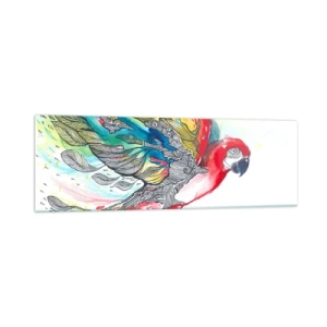 Quadro su vetro - Un pappagallo colorato in volo con motivi astratti sulle ali. - 160x50cm - Vivi a colori - Decorazione murale moderna per soggiorno e camera da letto ARTTOR