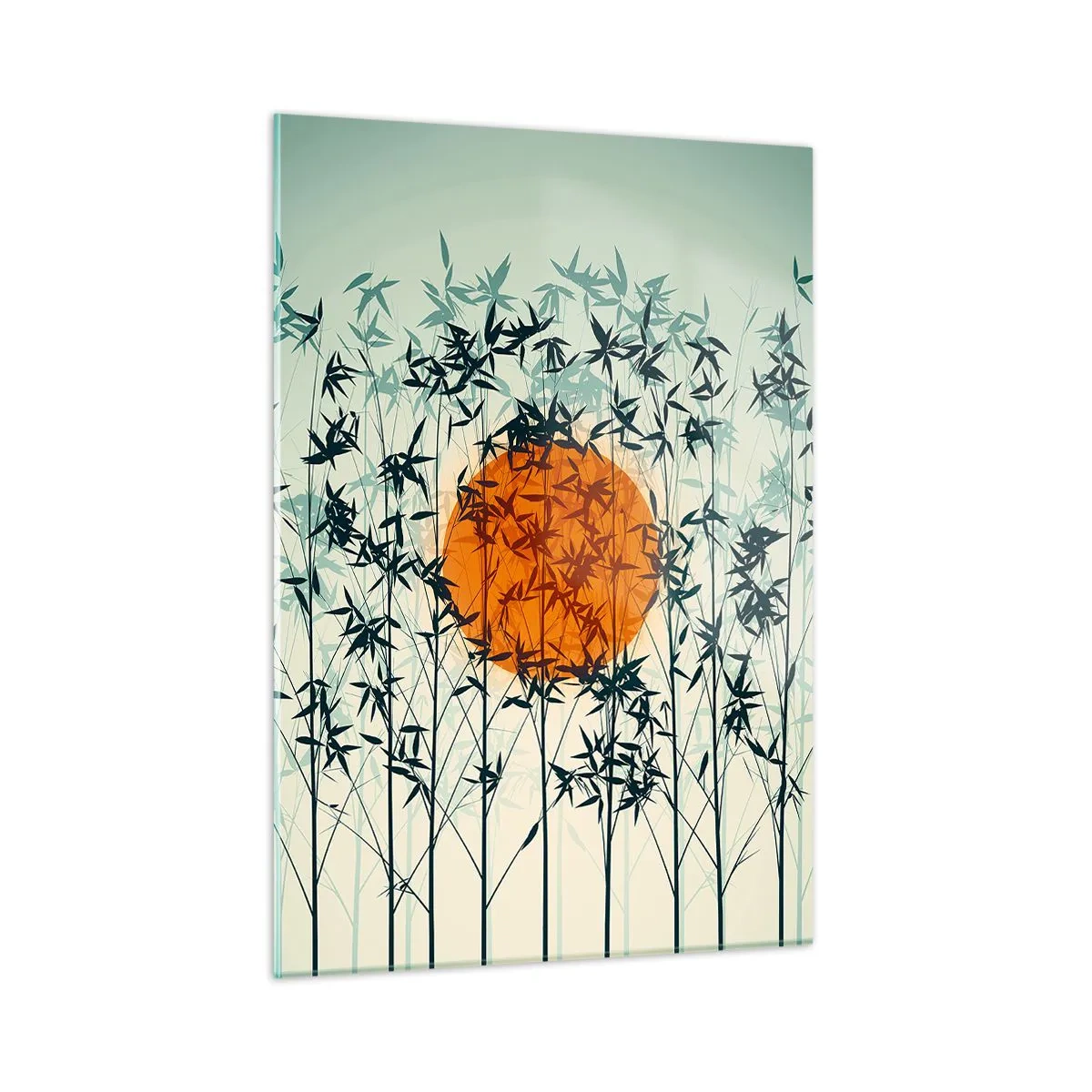 Quadro su vetro - Sole rosso tra delicate foglie di bambù - 50x70cm - Sole giapponese - Decorazione murale moderna per soggiorno e camera da letto ARTTOR