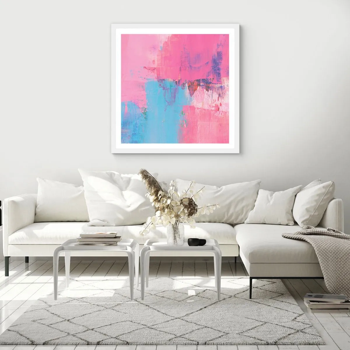 Poster in cornice bianca - Rosa, blu e un pizzico di luce - 50x50 cm