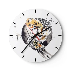 Orologio da parete - Orologio in Vetro - Leopardo in una forma artistica con particelle dinamiche attorno alla silhouette - 30x30cm - Bellezza predatrice - Decorazione murale moderna per soggiorno, cucina e camera da letto ARTTOR