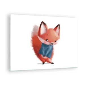 Quadro su vetro - Una simpatica volpe con un maglione blu su sfondo bianco - 70x50cm - Ci sto bene? - Decorazione murale moderna per soggiorno e camera da letto ARTTOR