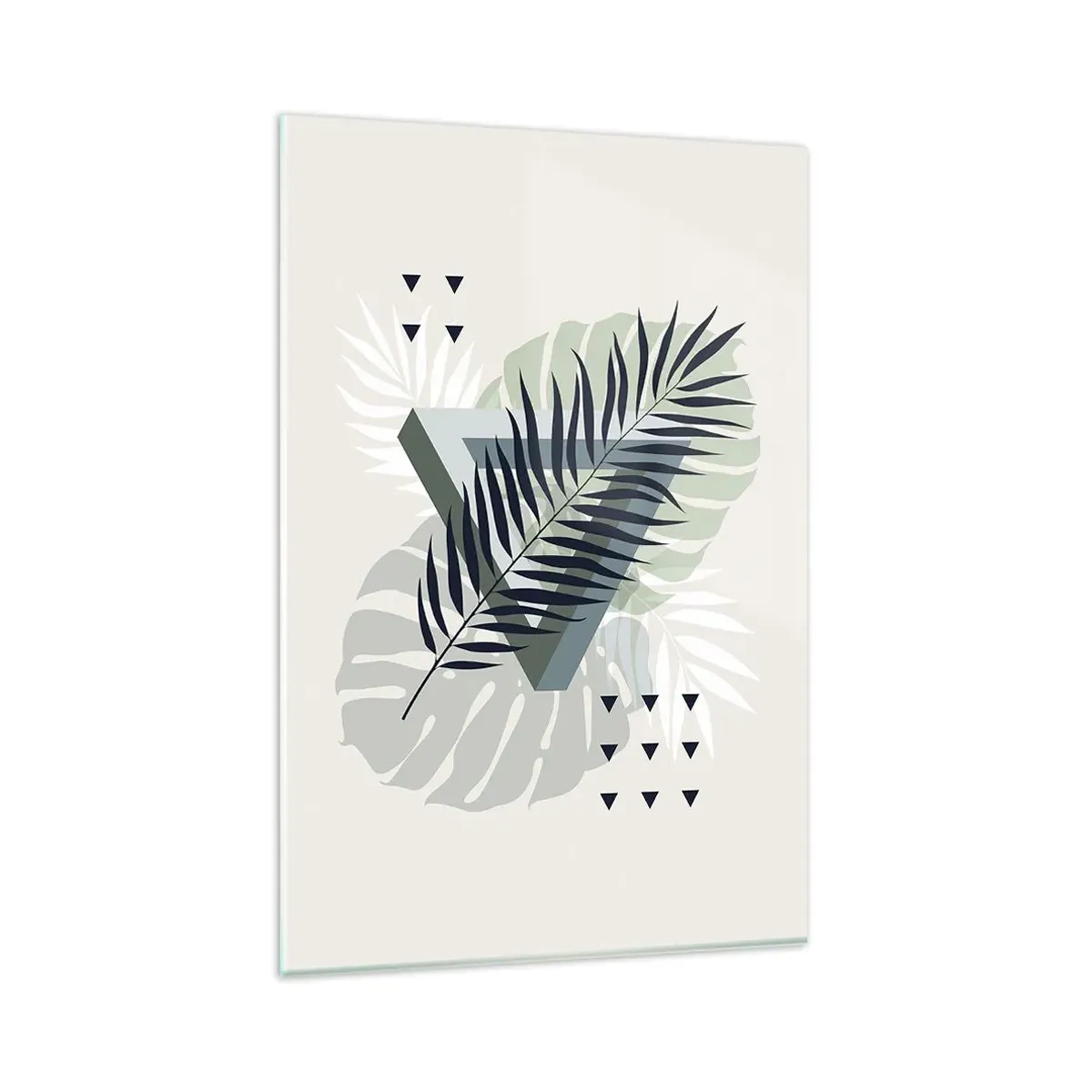 Quadro su vetro - Composizione geometrica con foglie tropicali nei toni del verde - 80x120cm - Natura e geometria: due ordini? - Decorazione murale moderna per soggiorno e camera da letto ARTTOR