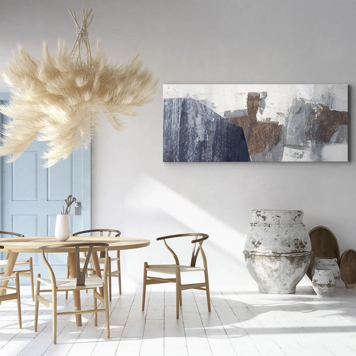 Quadro su tela - Stampe su Tela - Forme astratte nelle tonalità del blu e del marrone - 140x50cm - Forme blu e marroni - Decorazione murale moderna per soggiorno e camera da letto ARTTOR