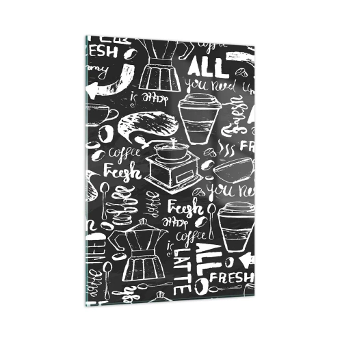 Quadro su vetro - Grafica e scritte a tema caffè su sfondo nero in stile retrò - 50x70cm - All you need is… - Decorazione murale moderna per soggiorno e camera da letto ARTTOR