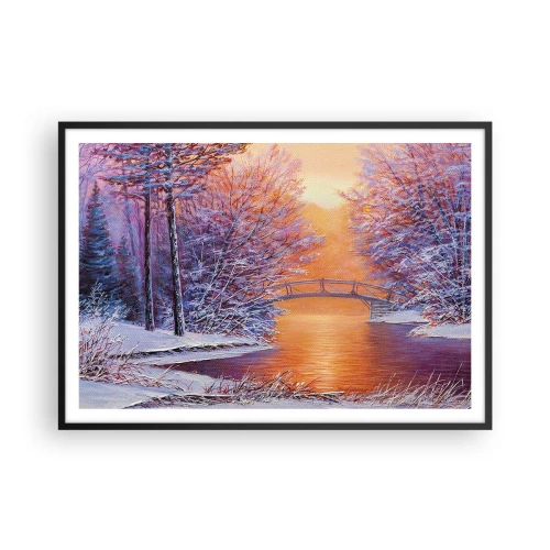 Poster in cornice nera - Paesaggio invernale con ponte e tramonto - 100x70cm - Incontriamoci qui - Decorazione murale moderna per soggiorno e camera da letto ARTTOR
