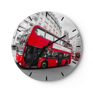 Orologio da parete - Orologio in Vetro - Un autobus rosso a Londra con edifici storici sullo sfondo - 30x30cm - Londra tradizionalmente: by bus - Decorazione murale moderna per soggiorno, cucina e camera da letto ARTTOR