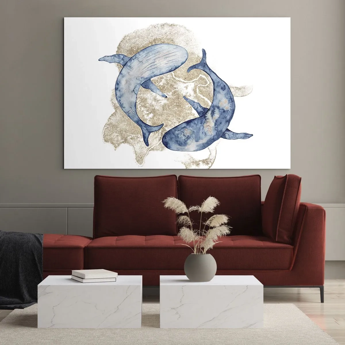 Quadro su vetro - Due balene blu su uno sfondo di macchie dorate astratte - 100x70cm - Amicizia o amore? - Decorazione murale moderna per soggiorno e camera da letto ARTTOR