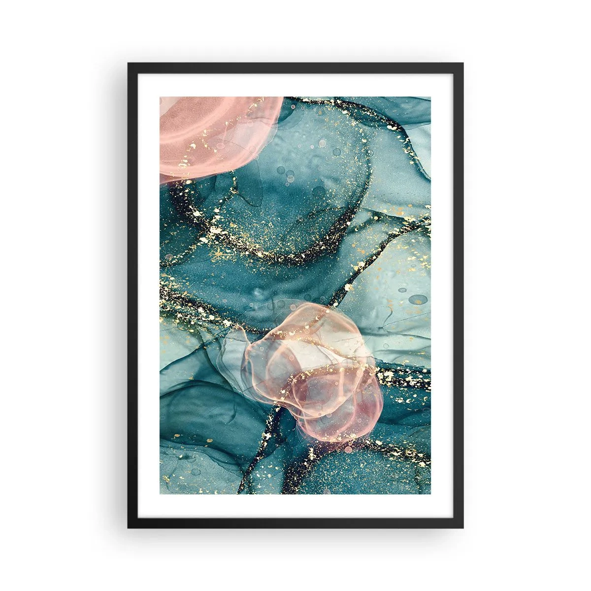 Poster in cornice nera - Una composizione astratta nei toni del turchese e dell'oro. - 50x70cm - Blu di seta, rosa di tulle - Decorazione murale moderna per soggiorno e camera da letto ARTTOR
