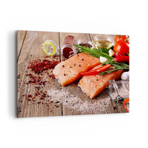 Quadro su tela - Stampe su Tela - Filetti di salmone con spezie su fondo di legno - 100x70cm - Avventura norvegese in cucina - Decorazione murale moderna per soggiorno e camera da letto ARTTOR