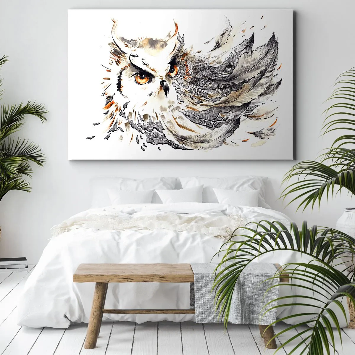 Quadro su tela - Stampe su Tela - Un gufo con piume mistiche in una forma artistica di acquerello - 70x50cm - Giunta dal mondo della magia - Decorazione murale moderna per soggiorno e camera da letto ARTTOR