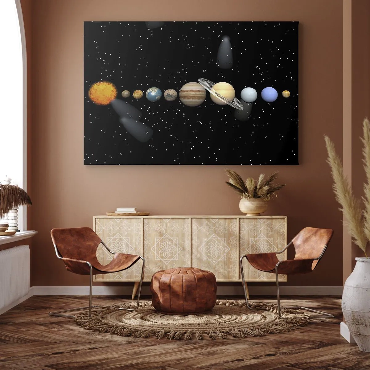 Quadro su tela - Stampe su Tela - Il sistema solare con i pianeti sullo sfondo delle stelle nello spazio - 120x80cm - E i pianeti folleggiano... - Decorazione murale moderna per soggiorno e camera da letto ARTTOR