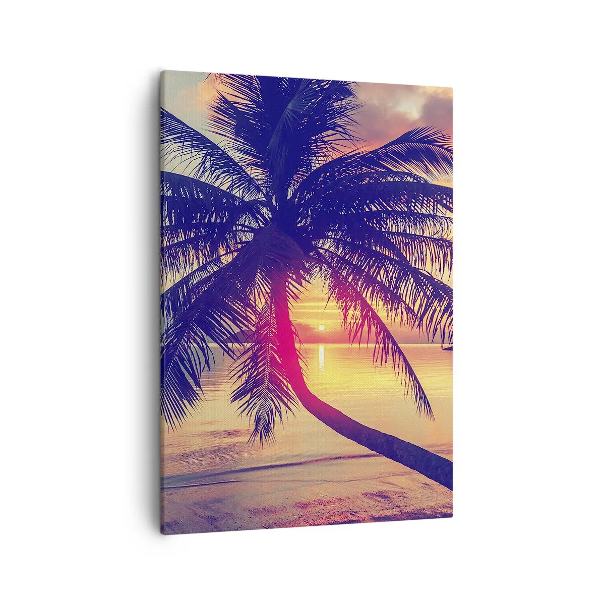 Quadro su tela - Stampe su Tela - Tramonto con una palma su una riva tranquilla - 50x70cm - Sera sotto le palme - Decorazione murale moderna per soggiorno e camera da letto ARTTOR