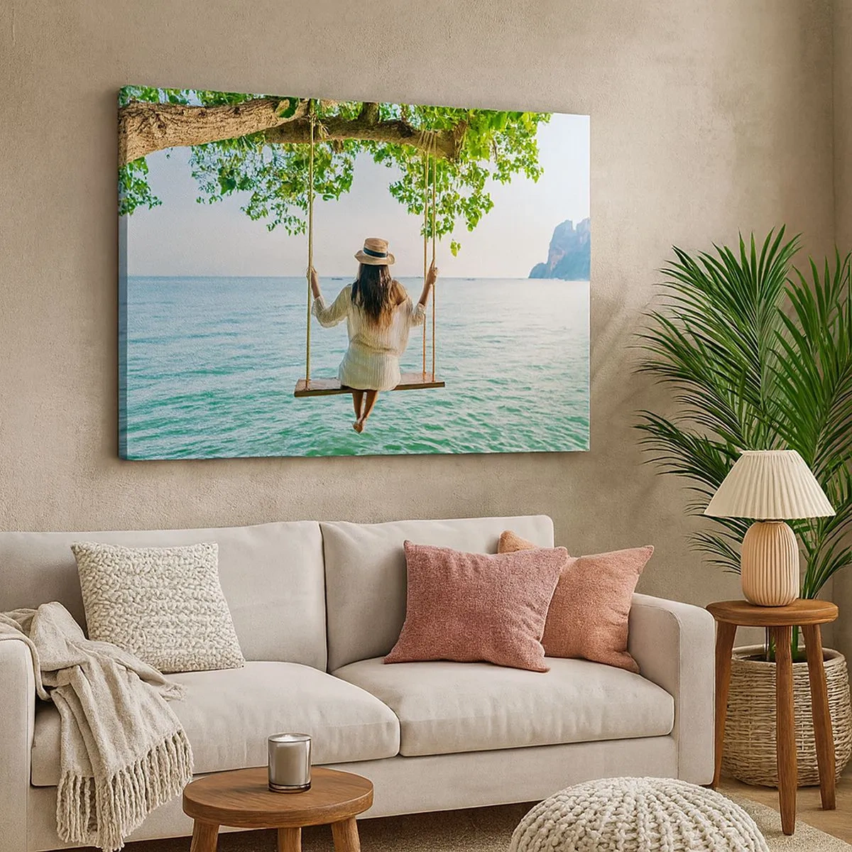 Quadro su tela - Stampe su Tela - Donna su un'altalena in riva al mare in un paesaggio tropicale - 70x50cm - La vita è bella - Decorazione murale moderna per soggiorno e camera da letto ARTTOR