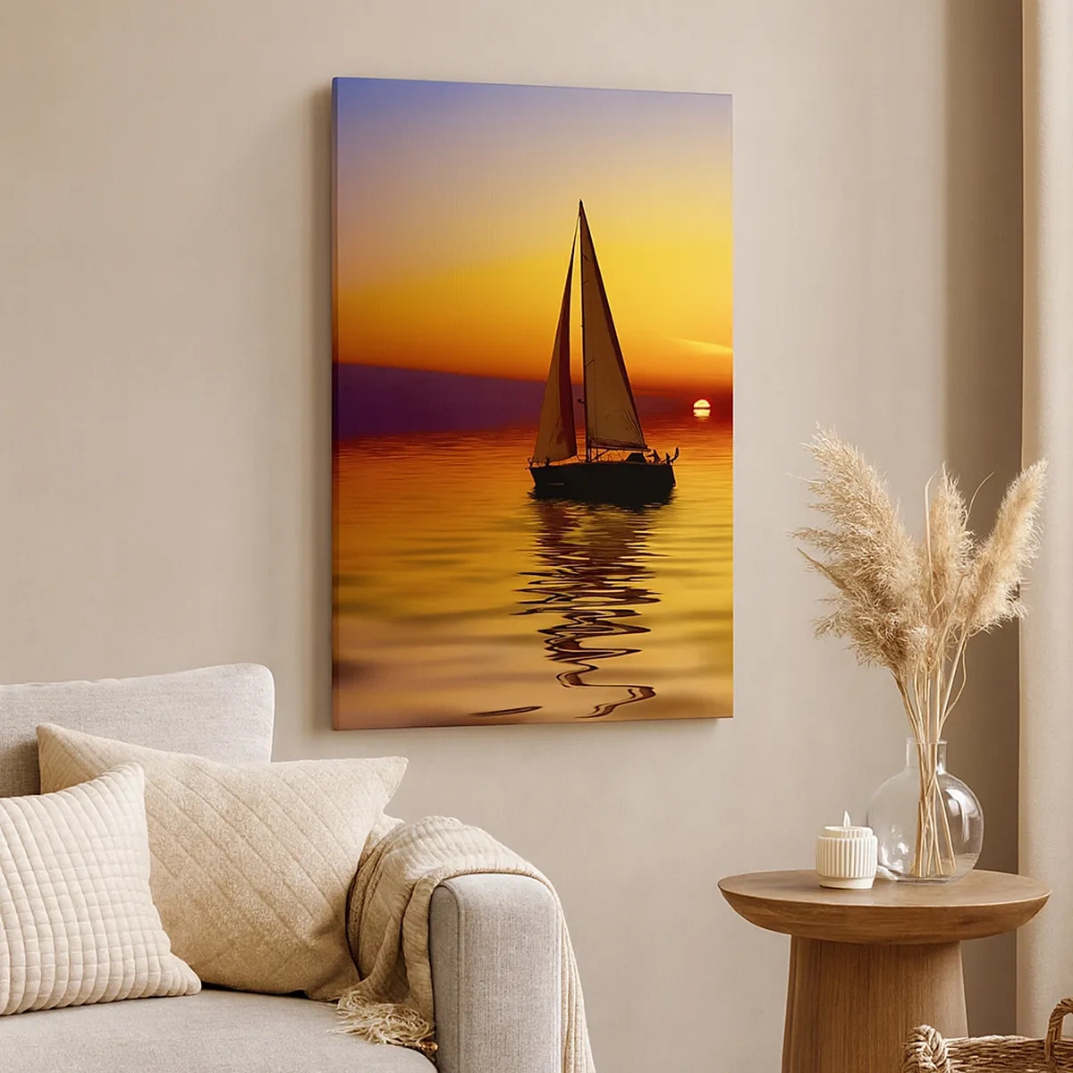 Quadro su tela - Stampe su Tela - Una barca a vela su un mare calmo al tramonto - 50x70cm - Che silenzio al tramonto... - Decorazione murale moderna per soggiorno e camera da letto ARTTOR