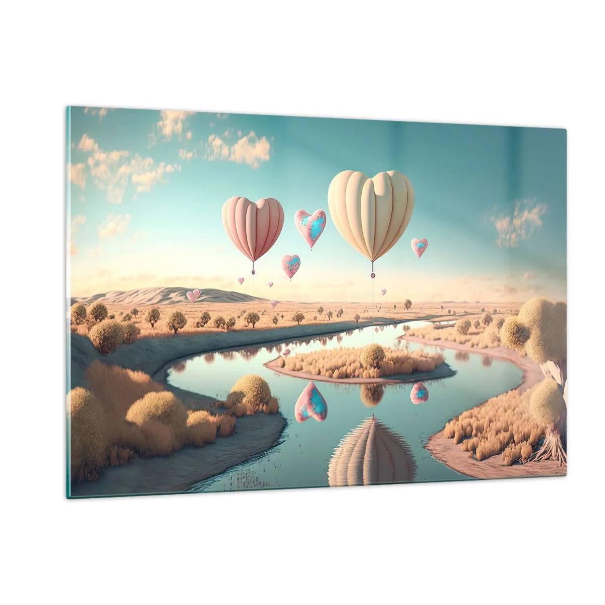 Quadro su vetro - Palloncini a forma di cuore sopra un paesaggio da favola con un fiume - 120x80cm - L'amore permette di volare - Decorazione murale moderna per soggiorno e camera da letto ARTTOR