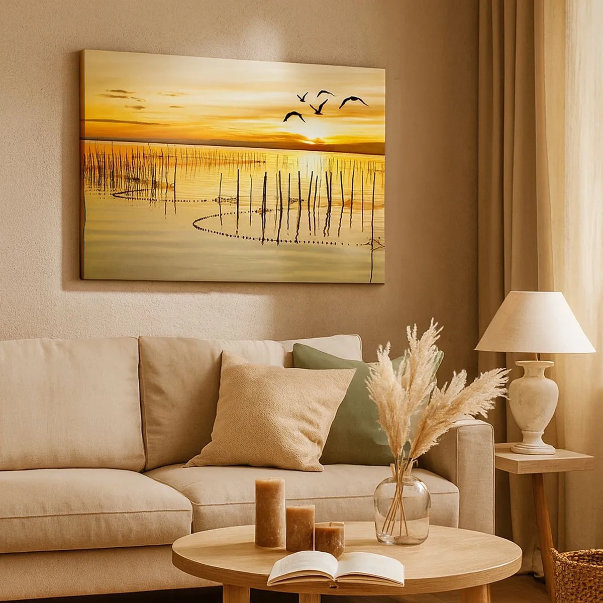 Quadro su tela - Stampe su Tela - Tramonto sull'acqua con uccelli in volo - 70x50cm - Alla pesca - Decorazione murale moderna per soggiorno e camera da letto ARTTOR