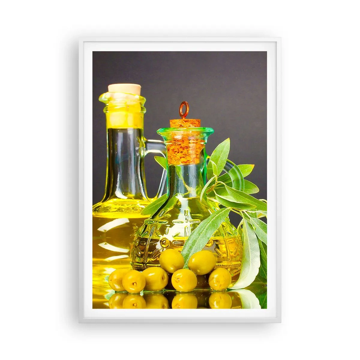 Poster in cornice bianca - Natura morta con olive e olio - 70x100 cm