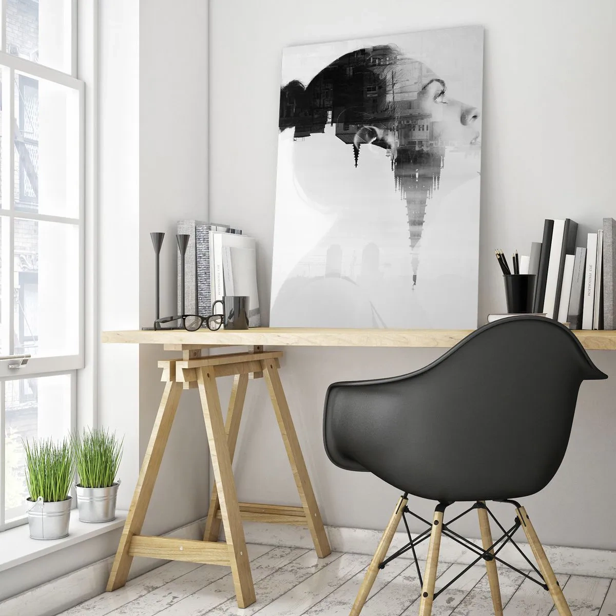 Quadro su vetro - Silhouette di una donna con elementi architettonici sullo sfondo - 50x70cm - Sui due lati del vetro - Decorazione murale moderna per soggiorno e camera da letto ARTTOR