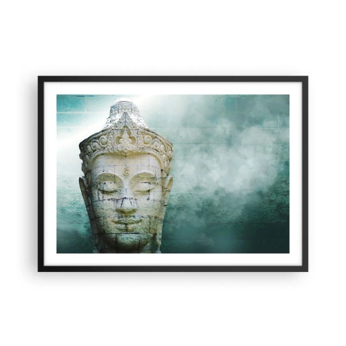 Poster in cornice nera - Statua del Buddha con una leggera nebbia su uno sfondo verde - 70x50cm - Cercando la luce - Decorazione murale moderna per soggiorno e camera da letto ARTTOR
