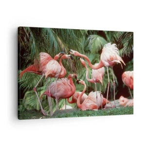 Quadro su tela - Stampe su Tela - Un gruppo di fenicotteri in un ambiente tropicale circondato da palme - 70x50cm - Pettegolezzi pomeridiani - Decorazione murale moderna per soggiorno e camera da letto ARTTOR