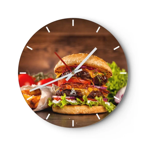 Orologio da parete - Orologio in Vetro - Hamburger succoso con condimenti su uno sfondo di legno - 30x30cm - Frutto proibito - Decorazione murale moderna per soggiorno, cucina e camera da letto ARTTOR