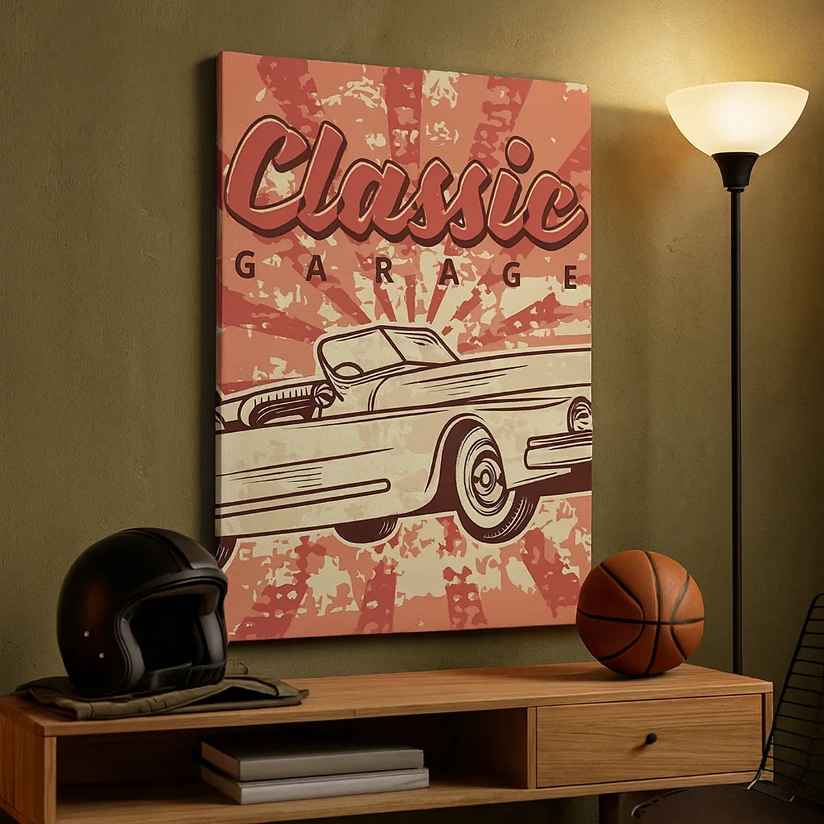Quadro su tela - Stampe su Tela - Poster retrò con un'auto d'epoca e la scritta Classic Garage - 50x70cm - E alla radio Elvis - Decorazione murale moderna per soggiorno e camera da letto ARTTOR