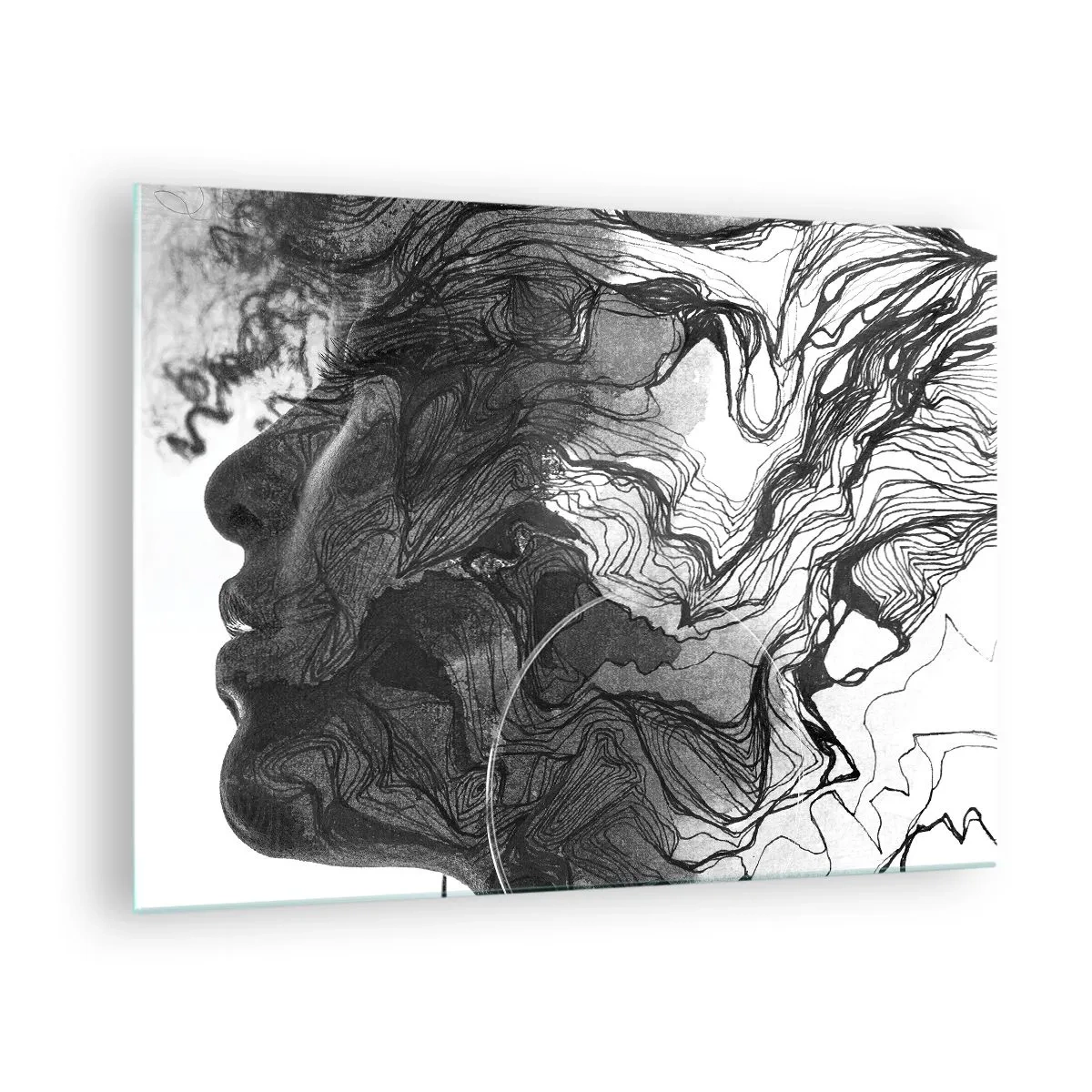 Quadro su vetro - Silhouette in bianco e nero di una donna con linee astratte - 70x50cm - Aggrovigliata nei sogni - Decorazione murale moderna per soggiorno e camera da letto ARTTOR