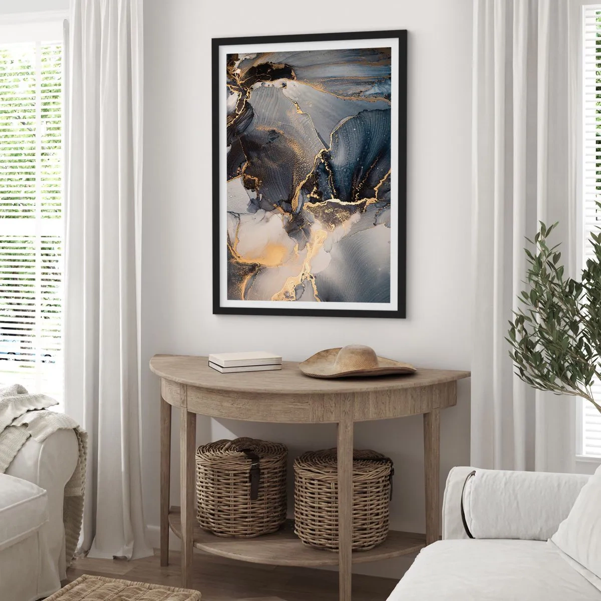 Poster in cornice nera - Una composizione astratta in tonalità scure con accenti dorati. - 50x70cm - Vita di pietra - Decorazione murale moderna per soggiorno e camera da letto ARTTOR