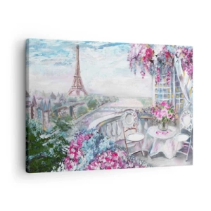 Quadro su tela - Stampe su Tela - Una vista romantica di Parigi con la Torre Eiffel e un balcone pieno di fiori - 70x50cm - Bellissimo qui a maggio - Decorazione murale moderna per soggiorno e camera da letto ARTTOR