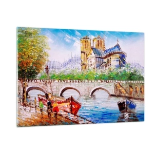 Quadro su vetro - Ponte e barche sullo sfondo della storica cattedrale - 120x80cm - Il loro tempo non passa mai - Decorazione murale moderna per soggiorno e camera da letto ARTTOR