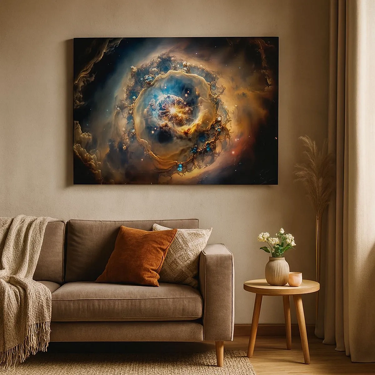 Quadro su tela - Stampe su Tela - Una visione astratta di un'esplosione cosmica nei toni dell'oro e del blu. - 70x50cm - L'inizio - Decorazione murale moderna per soggiorno e camera da letto ARTTOR