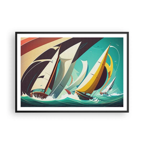 Poster in cornice nera - Un'illustrazione dinamica di barche a vela in un mare in tempesta. - 100x70cm - Compagne degli elementi - Decorazione murale moderna per soggiorno e camera da letto ARTTOR