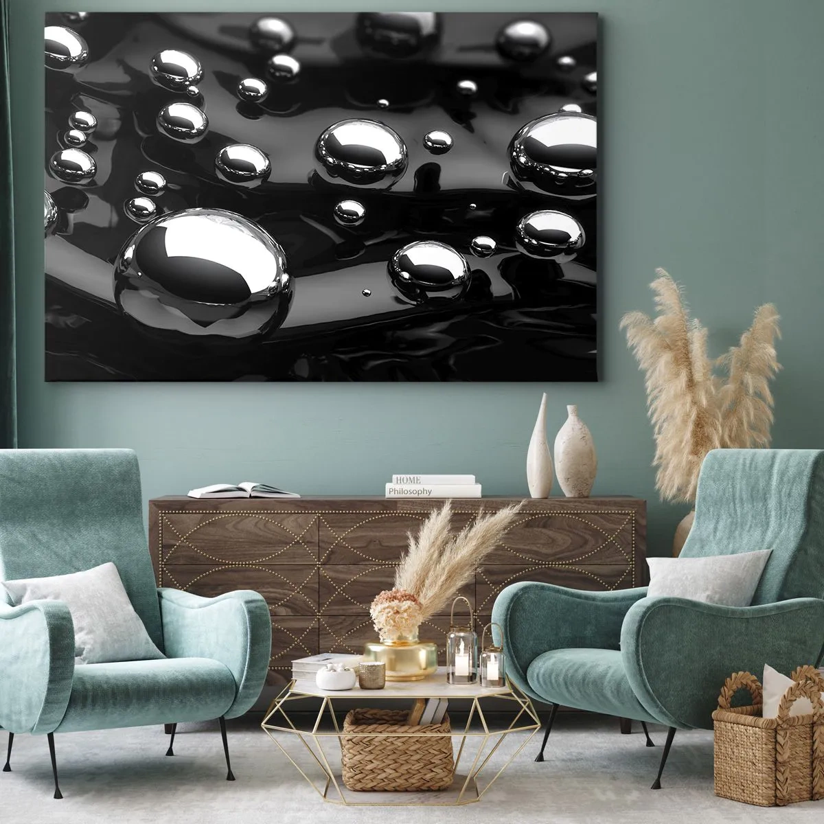 Quadro su tela - Stampe su Tela - Gocce astratte su una superficie nera - 70x50cm - Toni di nero - Decorazione murale moderna per soggiorno e camera da letto ARTTOR
