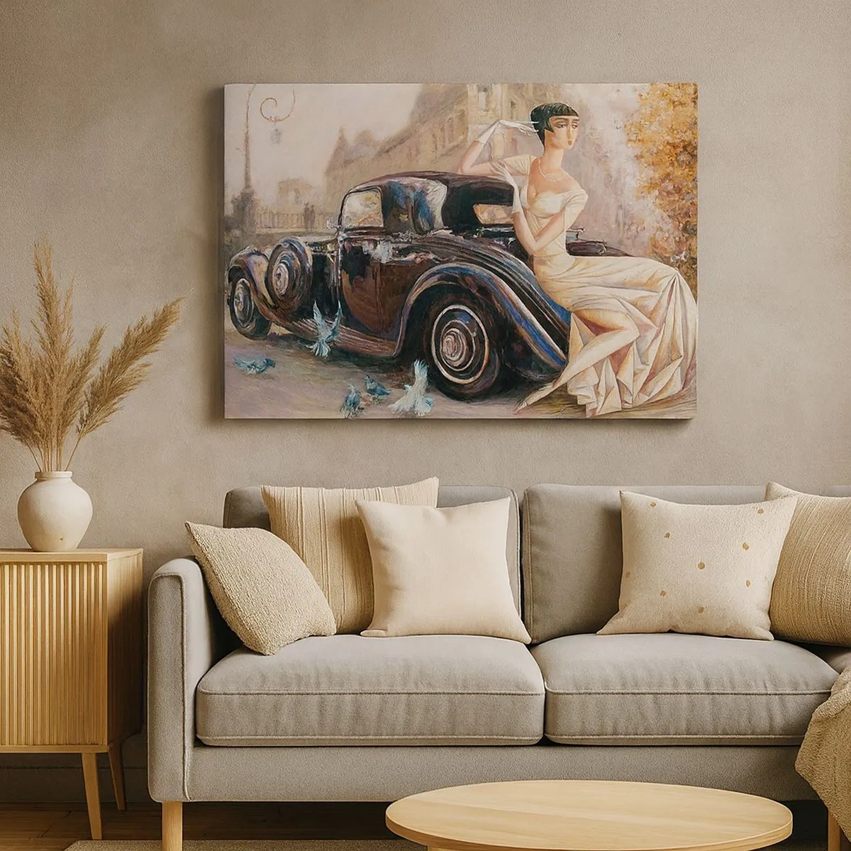 Quadro su tela - Stampe su Tela - Donna retrò accanto a un'auto d'epoca - 70x50cm - Eleganza in stile retro - Decorazione murale moderna per soggiorno e camera da letto ARTTOR