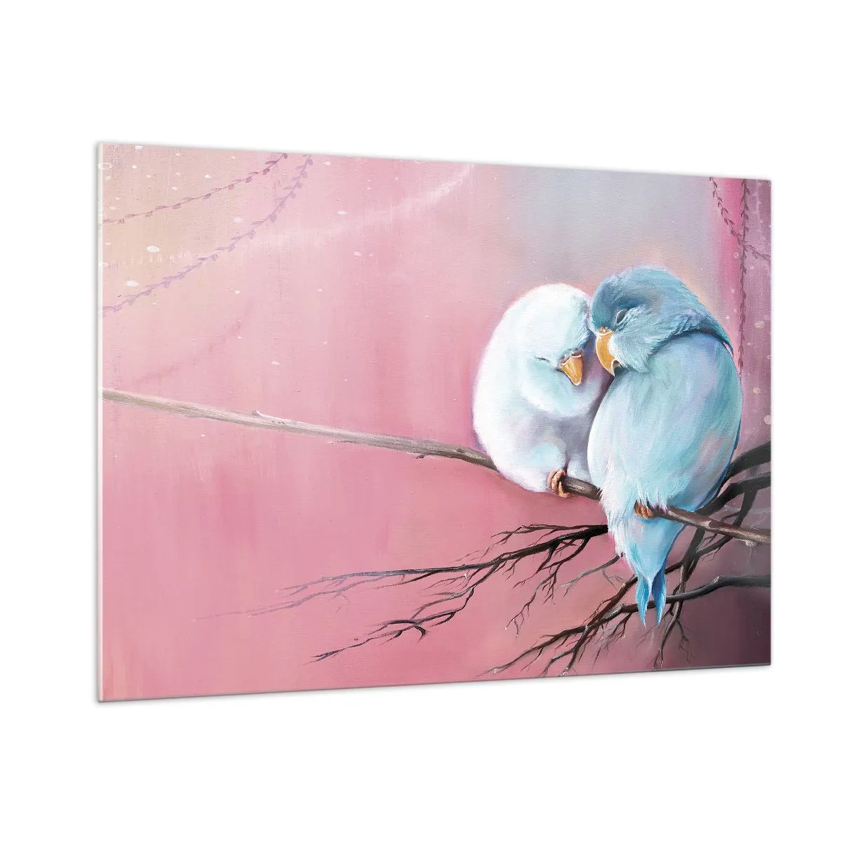 Quadro su vetro - Due inseparabili seduti su un ramo su uno sfondo rosa - 100x70cm - Che cosa aggiungere? - Decorazione murale moderna per soggiorno e camera da letto ARTTOR