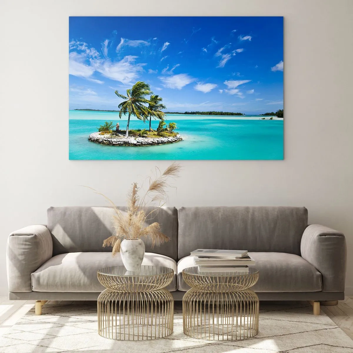 Quadro su vetro - Un'isola tropicale sullo sfondo di un oceano turchese - 120x80cm - Paradiso in terra - Decorazione murale moderna per soggiorno e camera da letto ARTTOR
