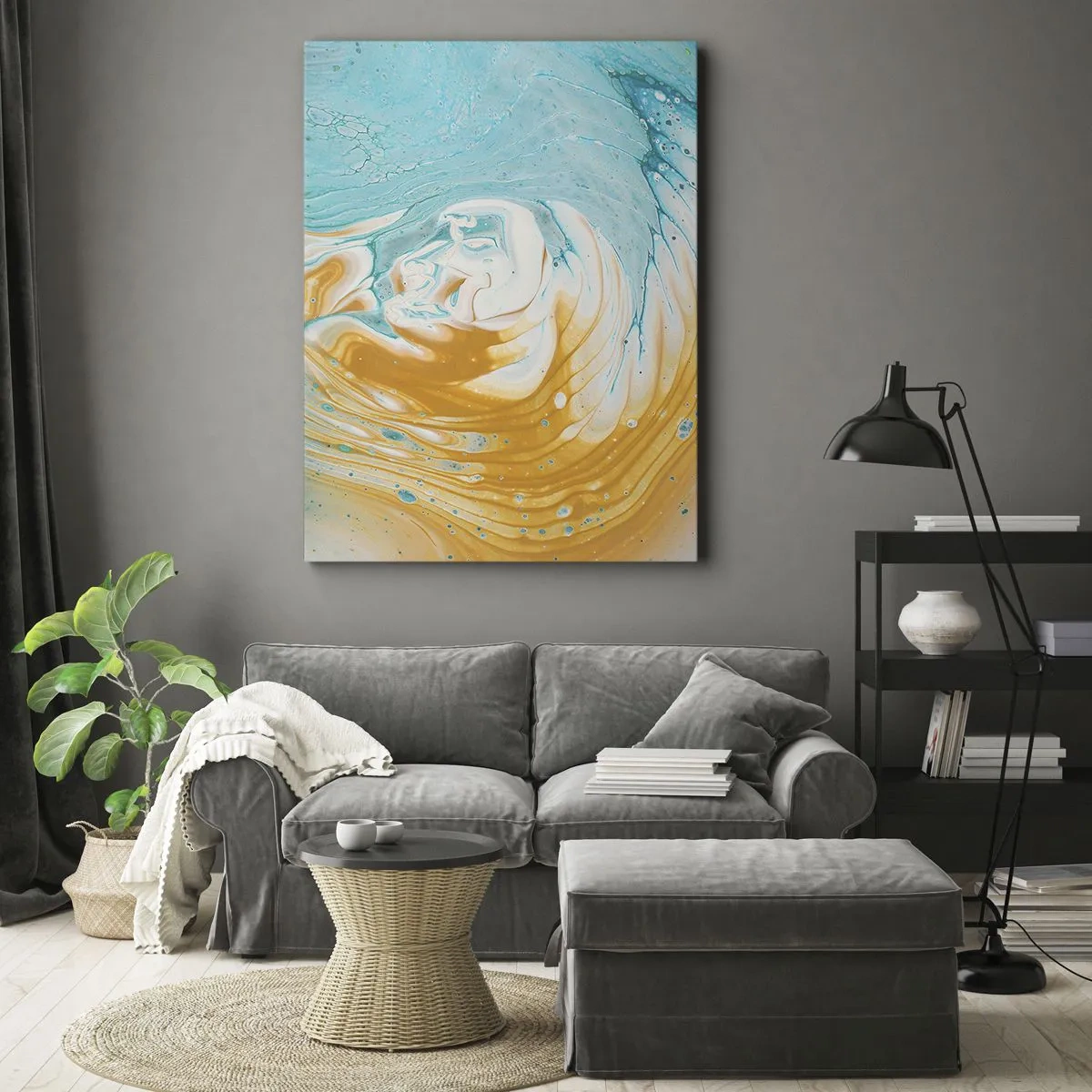 Quadro su tela - Stampe su Tela - Onde astratte nei toni del blu e dell'oro su tela - 50x70cm - Vortice pastello - Decorazione murale moderna per soggiorno e camera da letto ARTTOR