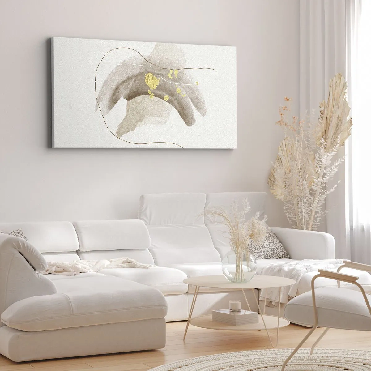 Quadro su tela - Stampe su Tela - Una composizione astratta nei toni del beige e dell'oro. - 120x50cm - Incontro nello spazio - Decorazione murale moderna per soggiorno e camera da letto ARTTOR