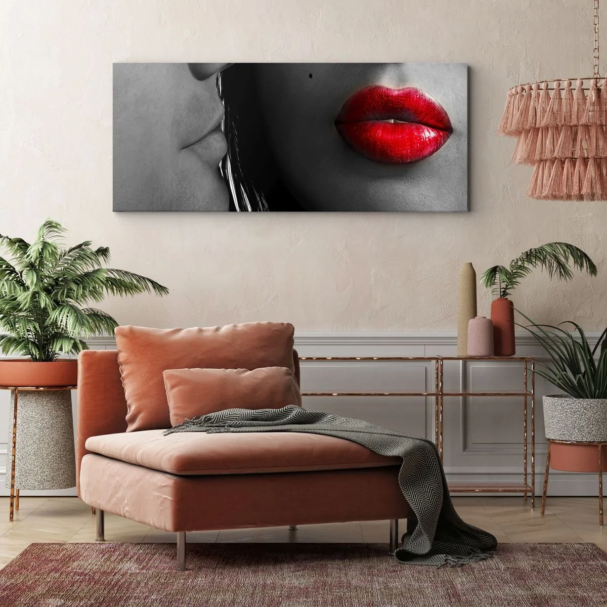 Quadro su tela - Stampe su Tela - Primo piano dei volti di una donna e di un uomo con le labbra rosse. - 160x50cm - Volto accanto al volto  - Decorazione murale moderna per soggiorno e camera da letto ARTTOR