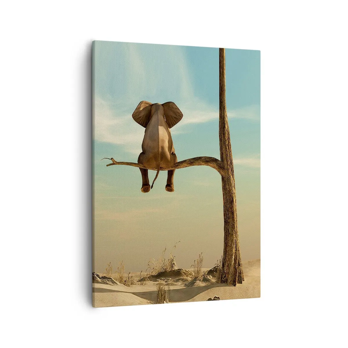 Quadro su tela - Stampe su Tela - Un elefante seduto su un ramo che domina un paesaggio desertico - 50x70cm - Nuovo punto di vista - Decorazione murale moderna per soggiorno e camera da letto ARTTOR