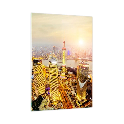 Quadro su vetro - Panorama della città al tramonto con grattacieli - 50x70cm - Sogno asiatico - Decorazione murale moderna per soggiorno e camera da letto ARTTOR